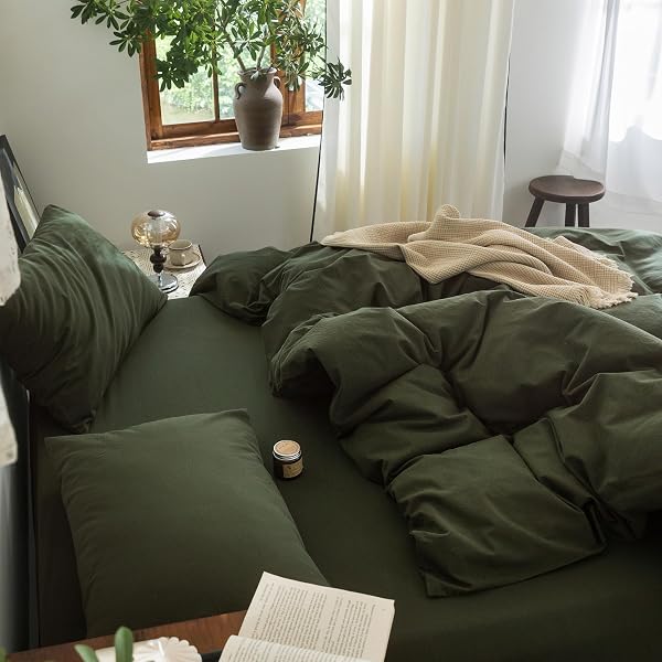 FOSSA DUVET COVER SET 100% WASHED COTTON LINEN FEEL SUPER SOFT BREATHABLE COZY 3 PIECES BEDDING SETS SOLID OLIVE GREEN QUEEN