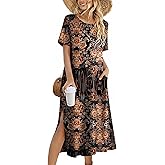 Zeagoo 2025 Vacation Dress Women Floral Summer Dress Casual Beach Dress Printed T Shirt Dress Split Long Dress Travel
