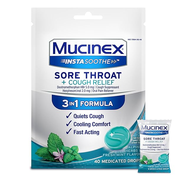 MUCINEX INSTASOOTHE SORE THROAT + COUGH RELIEF ALPINE HERBS & MINT FLAVOR, FAST ACTING, COOLING COMFORT, POWERFUL SORE THROAT ORAL PAIN RELIEVER, 40 MEDICATED DROPS