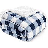 PAVILIA Navy Blue and White Buffalo Plaid Sherpa Throw Blanket for Couch, Plush Checkered Fleece Blanket and Throws, Soft Fuzzy Flannel Blanket for Sofa Bed, Warm Cozy Winter Blanket Gift, 50x60