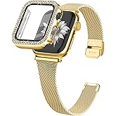 Joyozy Slim Stainless Steel Band Compatible with Apple Watch 38mm 40mm 41mm 42mm 44mm 45mm 46mm Milanese Strap with Bling Glitter Case Built-in Screen Protector Dressy Bracelet Band for Women (Gold 40mm)