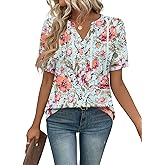 Rapbin Short Sleeve Shirts for Women Pleated V Neck Lace Blouses Dressy Casual Elegant Tops Loose peasant Summer T-Shirts