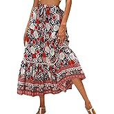 ZUEVI Women’s Long Skirts Bohemian Elastic High Waist A Line Maxi Skirt for Women Summer Flowy Swing Pleated Midi Skirts