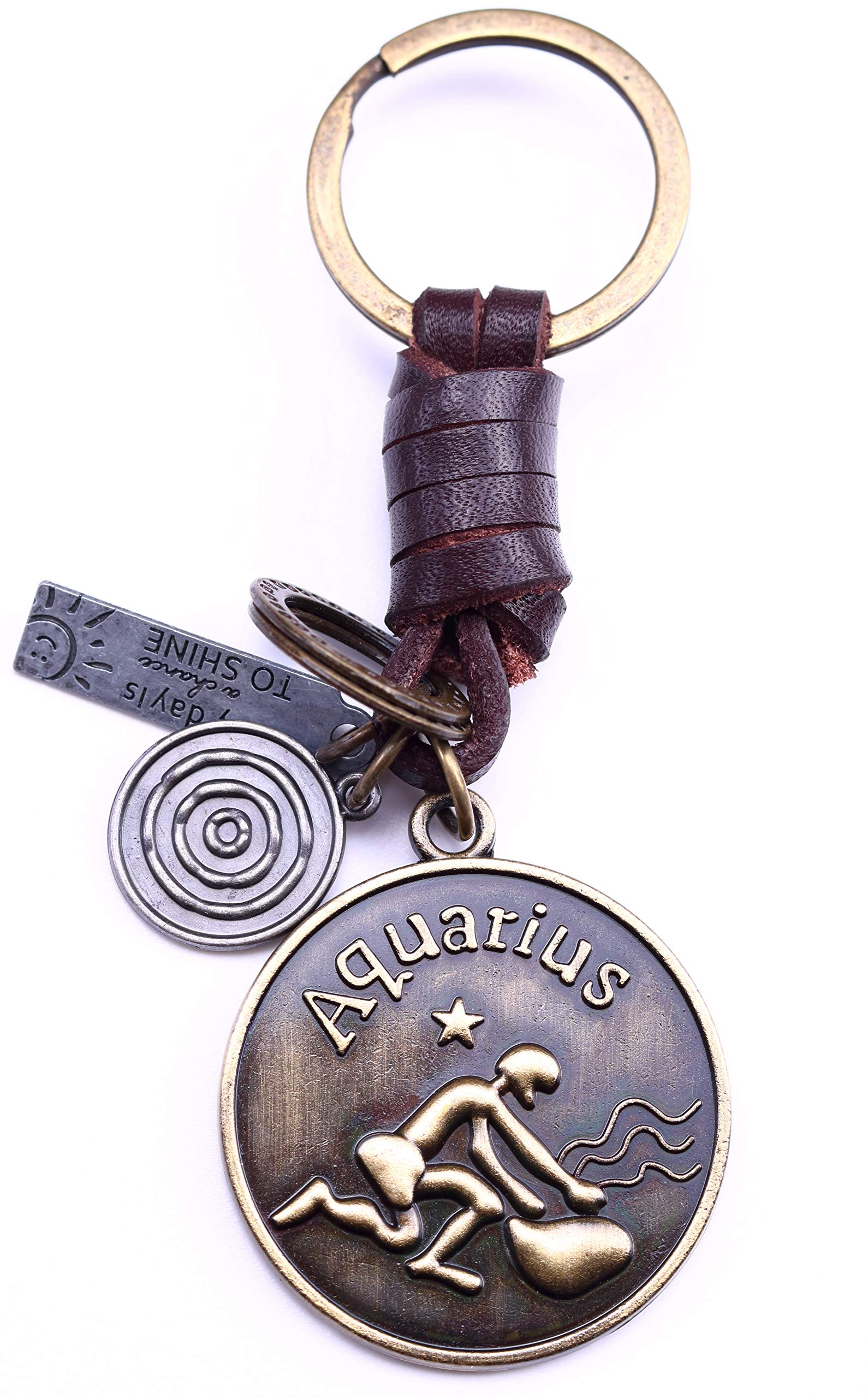 AuPra Aquarius Zodiac Leather Keyring Best Friend Gift Idea Women & Men Safe House Keychain Horoscope Simbol Charm Girl & Boy Friendship Small Present Car Key Ring Pendant
