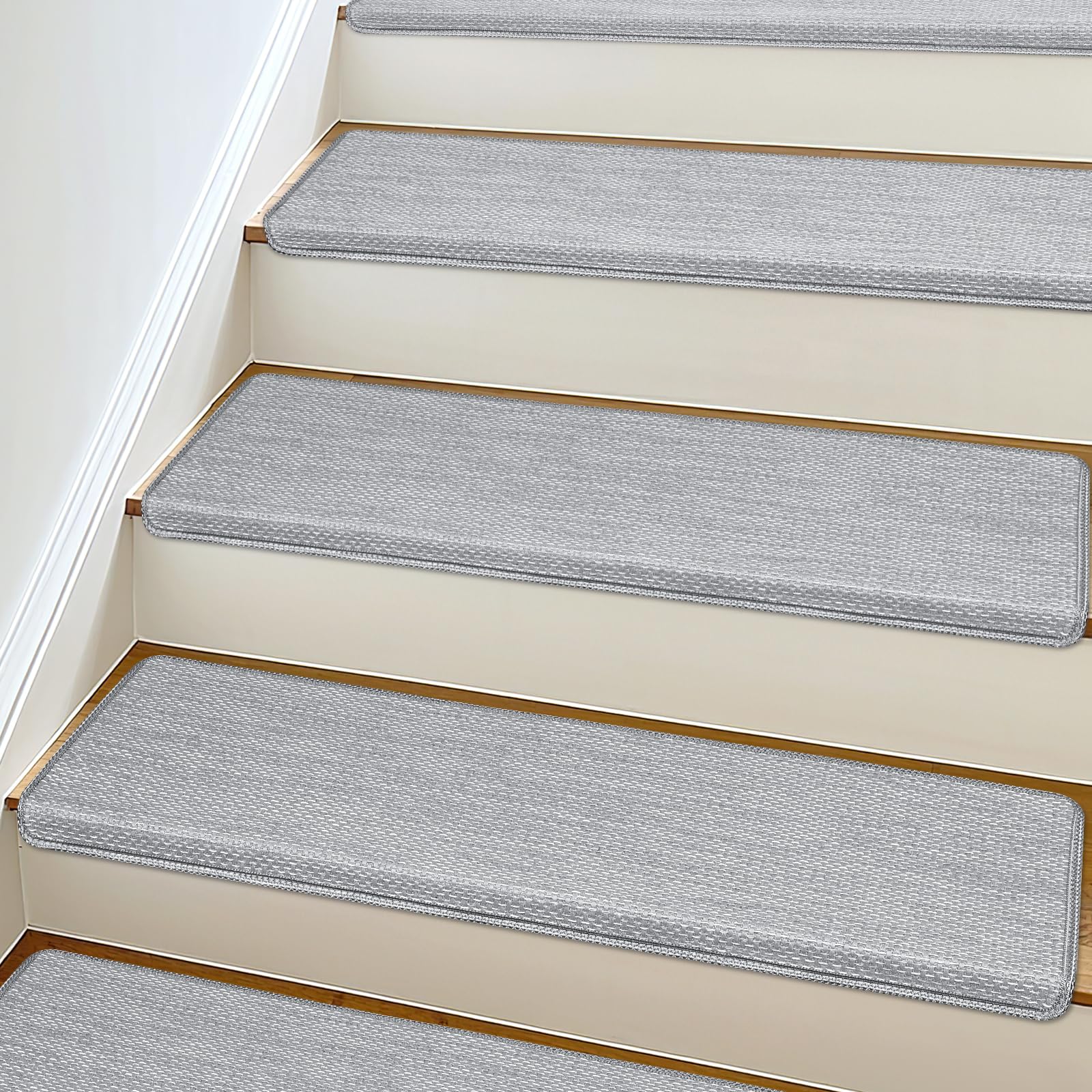 View 1 of **2 PCS**SMILOOL Bullnose Carpet Stair Treads Non Slip for Wooden Steps Indoor, 9.5" x 35" 2 Pieces, Extra Wide Bull Nose Carpet Runners for Wood Stairs, Step Covers, Stair Tread Rugs, Washable, Light Grey