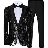 Elionm Mens Sequin Tuxedo 2 Piece Suit Set Slim Fit Prom Suits for Men Party Dress Suit Jacket and Pants