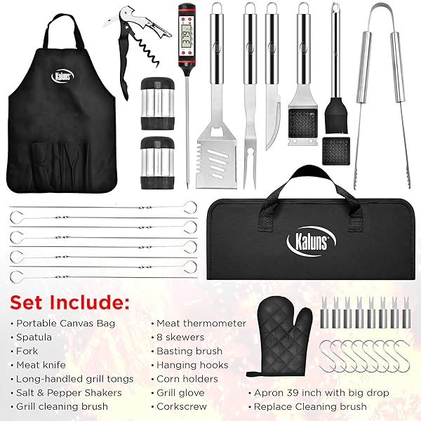 KALUNS GRILLING ACCESSORIES, DAD GIFTS FOR FATHERS DAY, HEAVY DUTY STAINLESS STEEL GRILL SET BBQ GRILL ACCESSORIES FOR OUTDOOR GRILL WITH MEAT THERMOMETER, CASE AND APRON