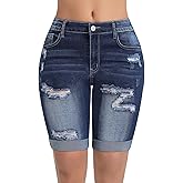 Queenwin Womens Bermuda Shorts High Waisted Ripped Stretchy Cuffed Denim Shorts