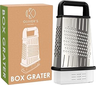 Oliver's Kitchen Käsereibe - 4-seitige Mehrzweck Edelstahl Küchenreibe - scharfe Vierkantreife zum einfachen Reiben, Schneiden und Zerkleinern von Gemüse & Käse - Praktischer Auffangbehälter