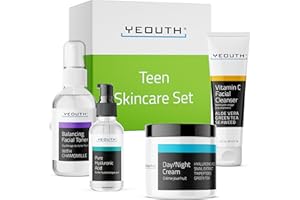 YEOUTH Skin Care Gift Set: Hyaluronic Acid Serum, Vitamin C Cleanser, Toner & Face Cream, Skin Care for Teen Girls & Boys, Teen Skincare Kit, 4-Piece Beauty Gifts