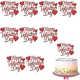 Happy Valentine's Day Cake Toppers 20Pcs Glitter Heart Cupcake Topper for Valentine Day Wedding Anniversary Birthday Party Cake Decoration, Red