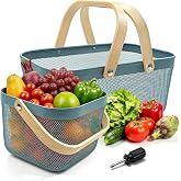 Cheardia 2 Pack Picnic Baskets, Metal Mesh Harvest Basket with Foldable Wooden Handle, Rectangle Garden Storage Basket Bin for Vegetable Fruit Garden Kitchen Cabinet Picking Gathering, Blue