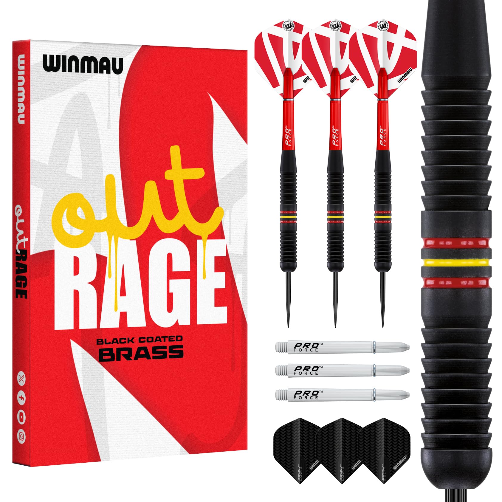 WINMAU Outrage 22 gram Brass Darts Set with Prism Flights and Shafts (Stems)