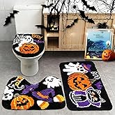 Breling 3 Pcs Halloween Pumpkin Bathroom Rug Set Non Slip Washable Ghost Bath Mat Black Purple Rug Toilet Lid Cover and Bath Waterproof Mat for Halloween Bathroom Home Decoration