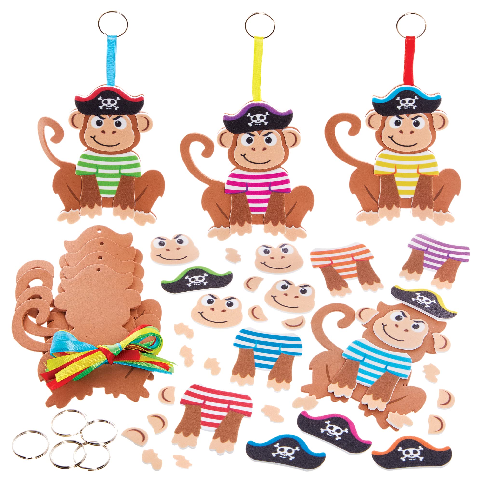 Baker Ross FX625 Pirate Monkey Mix and Match Keyring Kits - Pack of 8, Foam Craft Kits for Kids