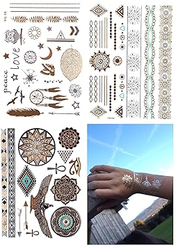 Goldtattoo Flash Tattoos 3 Blätter Flashtattoos temporary Tattoo 75 Motive Sommer Love Traumfänger ägyptische Zeichen YS-1844