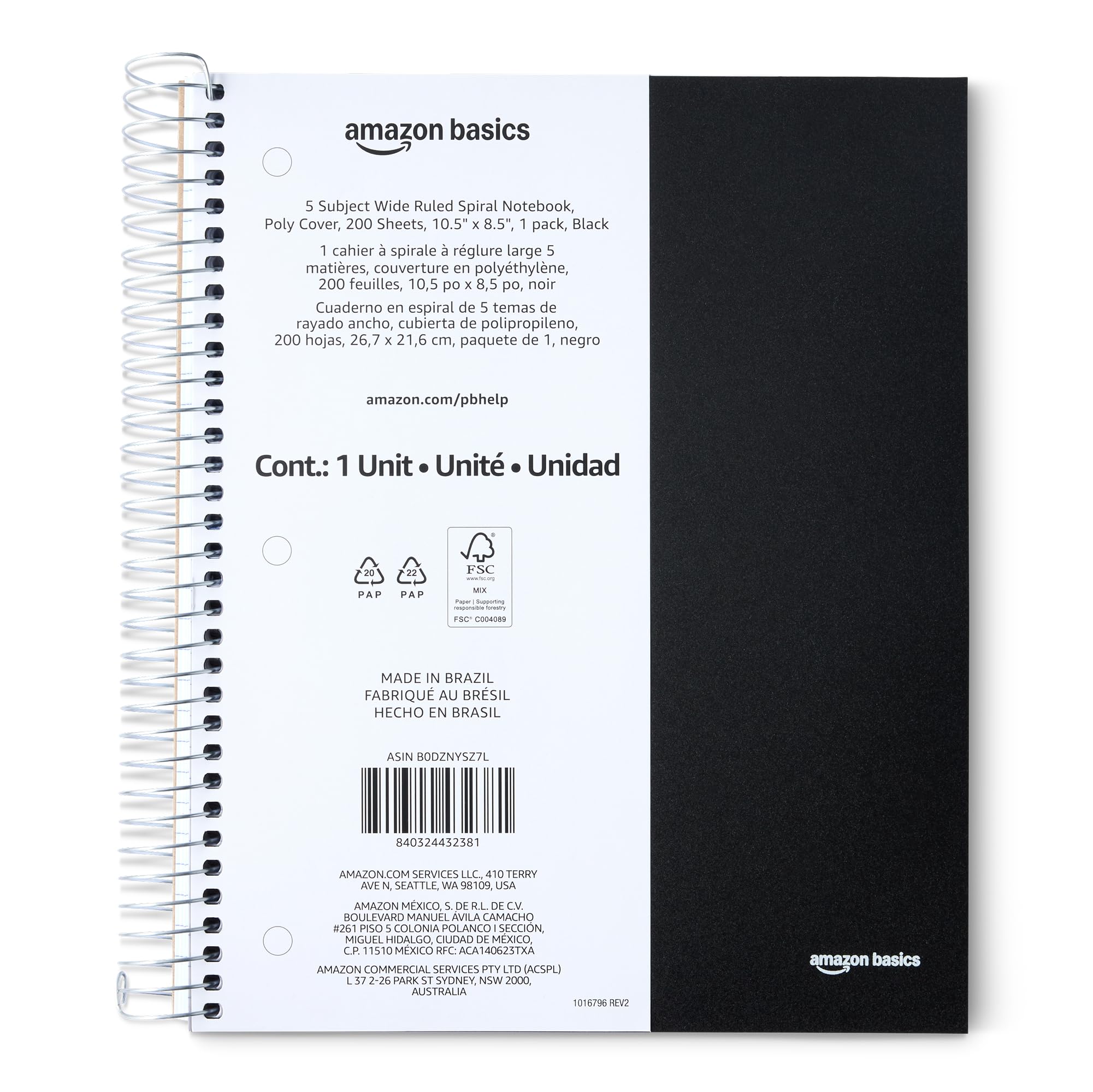 Photo 1 of **NO COVER VIEW ALL SLIDES*Amazon Basics Notebooks, Wide Ruled Spiral 5 Subject Notebook, For Work and School, 200 Sheets, 8.5 x 10.5 inches, Black, 1-Pack