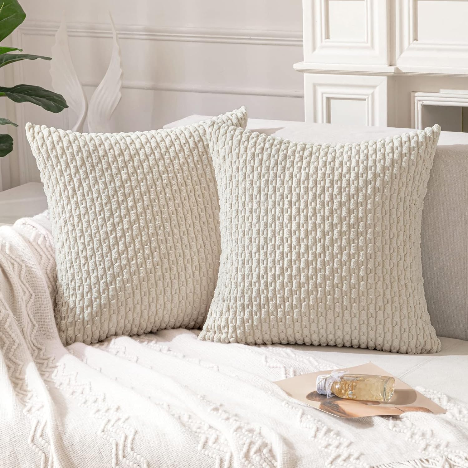 Decorative Pillows, Inserts & Covers - ANRODUO Pack of 2 Boho Corduroy Decorative Throw Pillow Covers 18x18 Inch for Couch Bed Living Room, Soft Striped Square Cushion Case, Fall Pillow Covers, Rustic Farmhouse Boho Home Decor, Cream