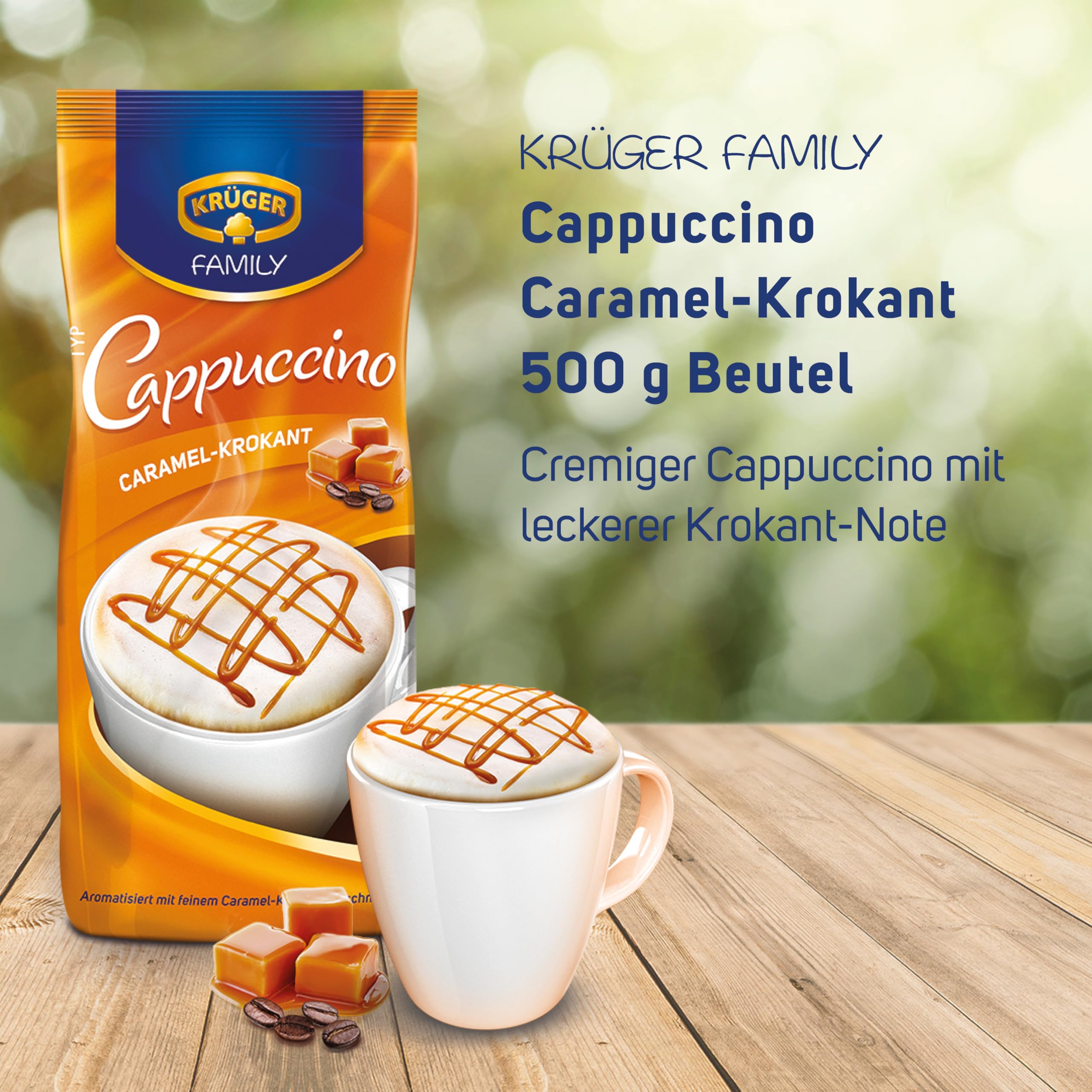 KRÜGER Family Cappuccino Caramel-Krokant, aromatisiertes Getränkepulver mit löslichem Bohnenkaffee, koffeinhaltig, 500 g Beutel 2