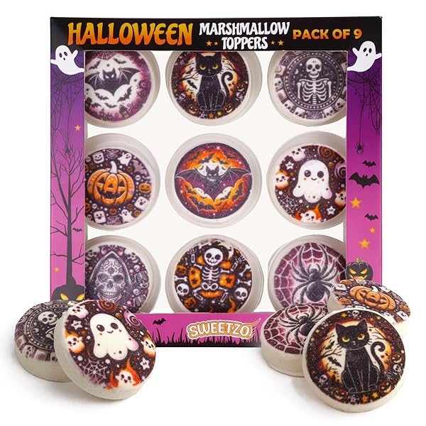 HALLOWEEN MARSHMALLOW TOPPERS, PERFECT HOT COCOA TOPPINGS OR DESSERT DECORATING CANDY, ASSORTED FESTIVE DESIGNS, 9 COUNT