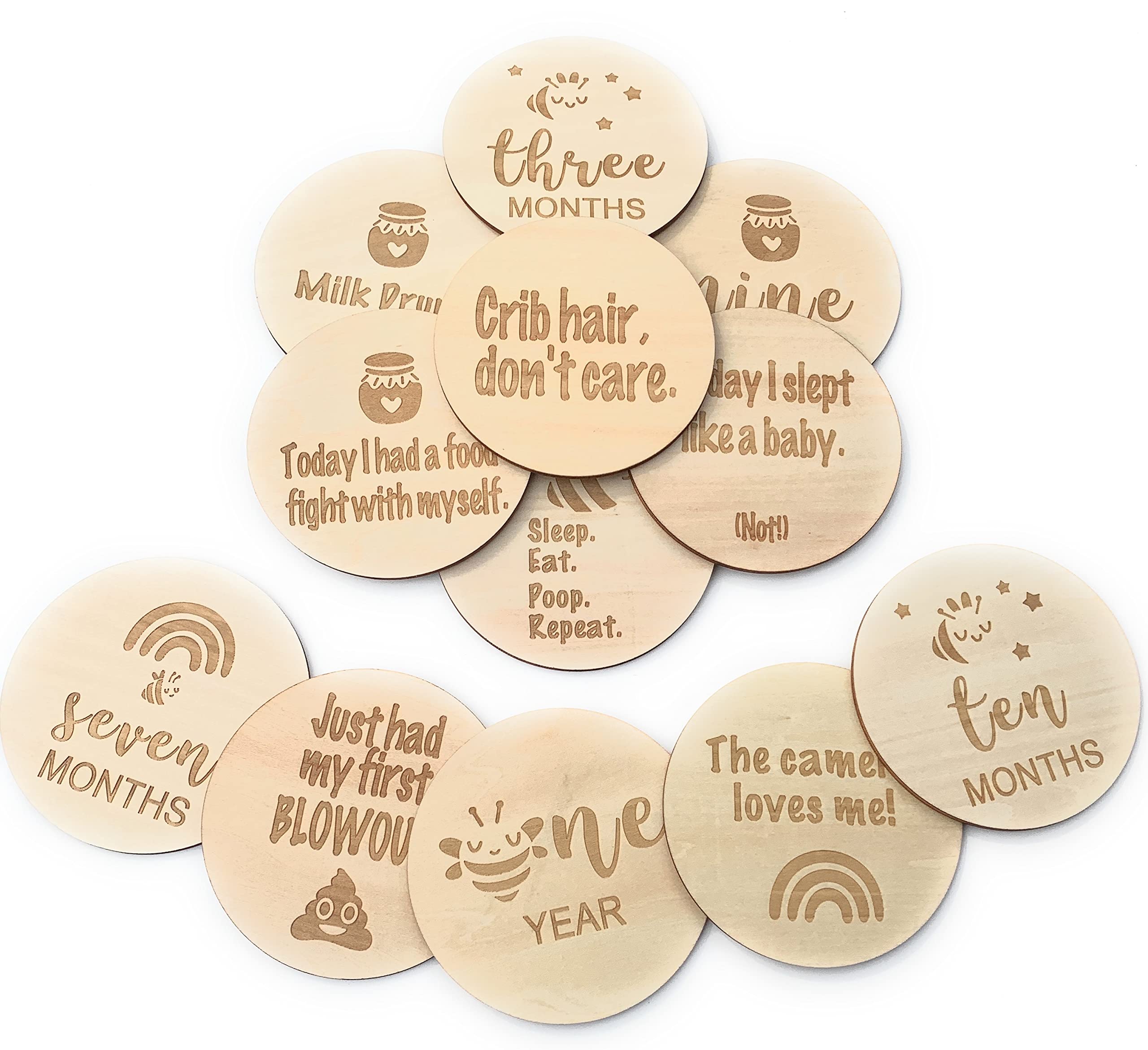 Funny Baby Monthly Milestone Announcement Cards | 13 Round Wooden Double Sided Signs | Gender Neutral Gifts | Baby Shower | Fun Photo Props | Baby Registry | Pregnancy Gift | Baby Photo Props