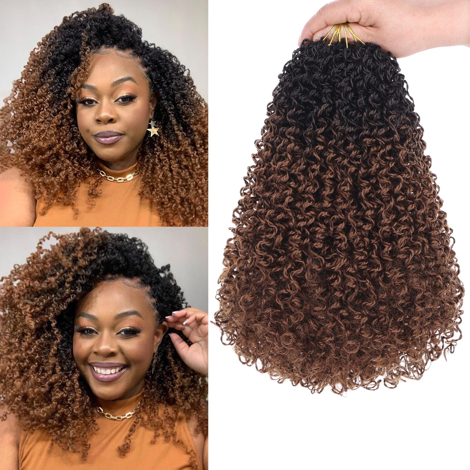 Samtress Yanky Twist Crochet Hair 8 Packs Ombre Brown Spring Twist Hair Extensions 12 Inch Short Pre-twisted Mini Curly Twist Crochet Synthetic Braids Passion Twists Crochet Hair for Women (#1B/30)