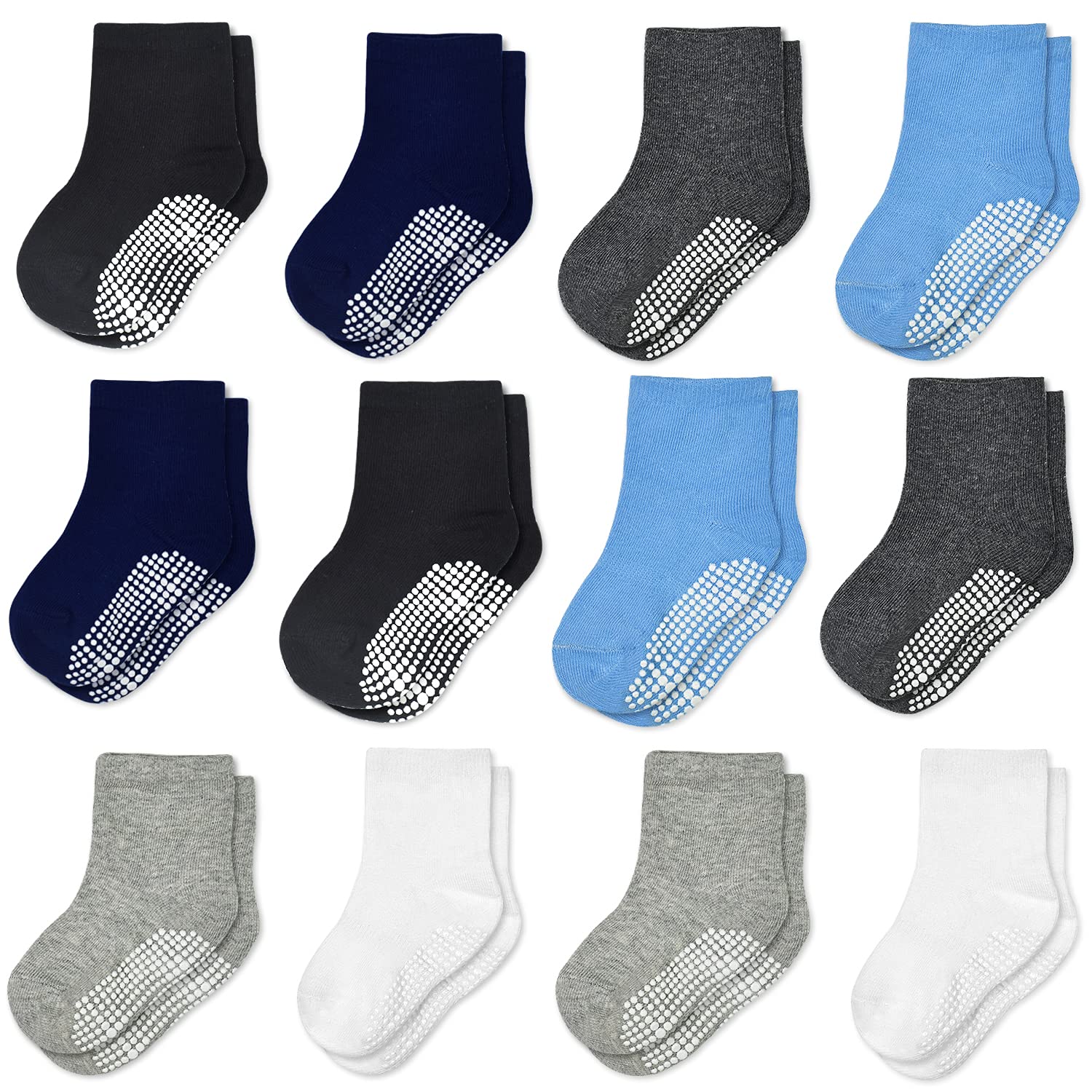 SkiBeaut Toddler Boy Socks- 12 Pairs Kids Grips Non Slip Skids Boys Girls Socks with Grippers for 1-7 Years