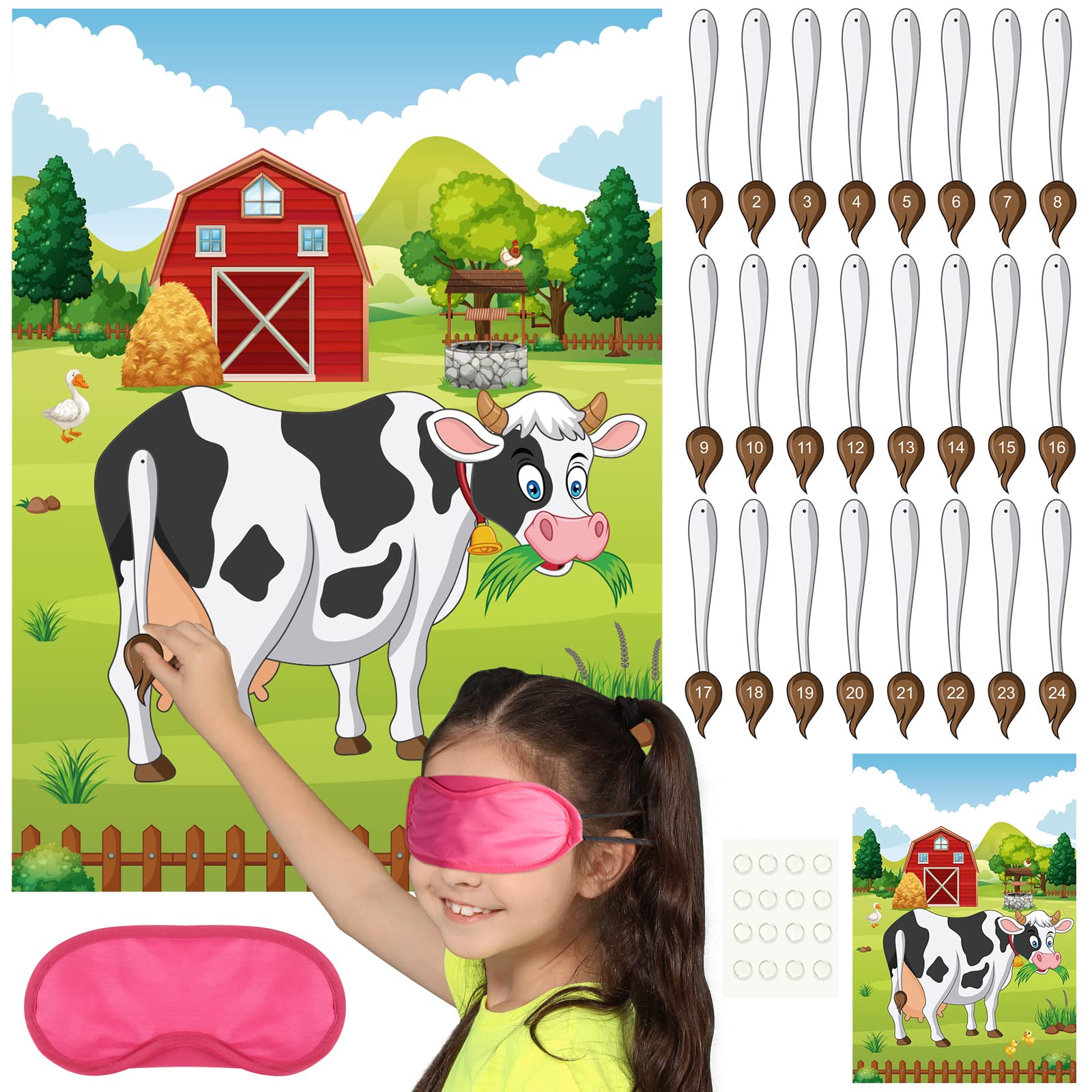 Photo 1 of PLULON Pin The Tail on The Cow Party Game for Kids, Cow Farm Themed Animal Birthday Party Games Cow Poster with Tail Stickers for Kids Farm Animal Donkey Party Favors Home Wall Decorations
