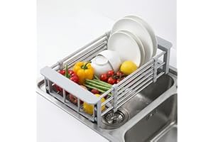 Dish Drying Rack, Adjustable Stainless Steel Drainer Basket with Drain Tray for Dish Vegetable Fruit, 11.2 x 6.8 Inch, On or 
