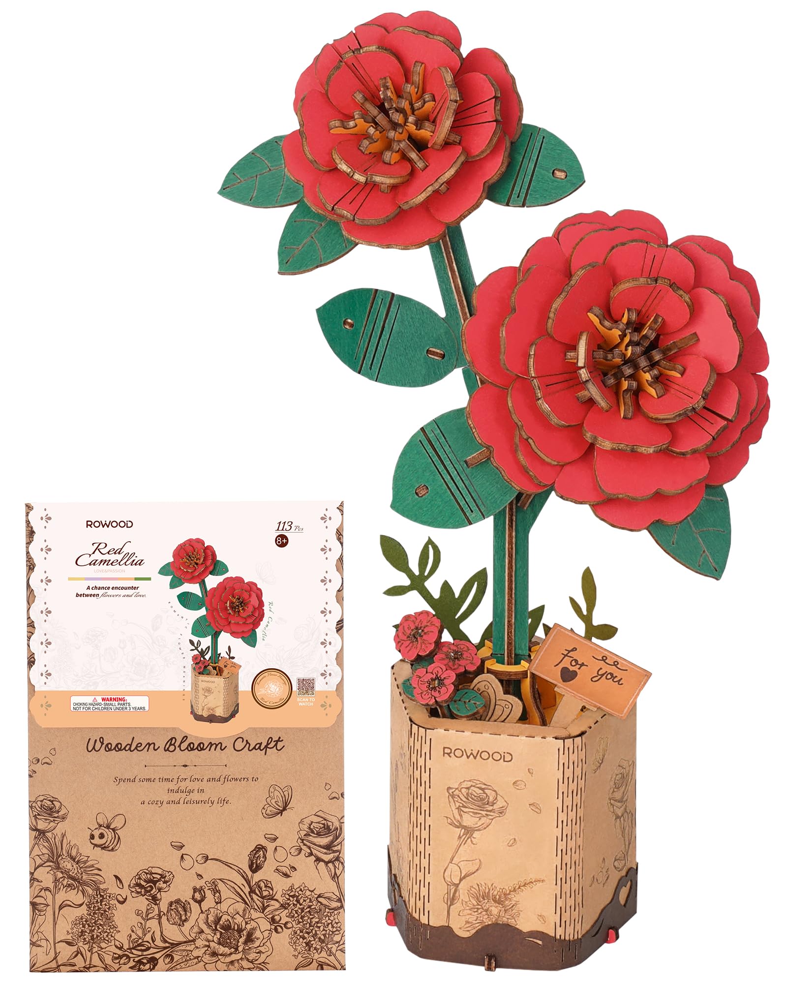ROWOOD 3D Puzzle DIY Wooden Flower, Artificial Flowers Model Kits to be Assembled, Craft Set for Adults, Best Home Décor and Valentine Toy Gift Kit (Red Camellia)