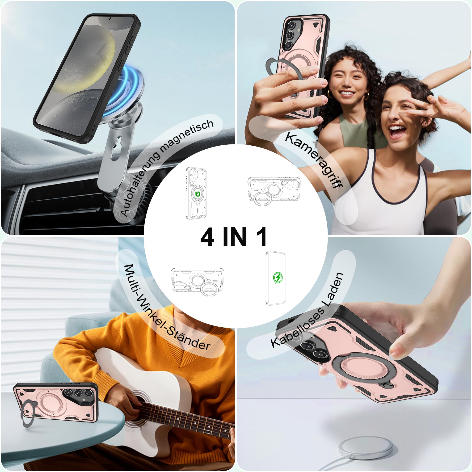 Jshru Samsung Galaxy S24/S25 Hülle Kompatibel mit Magsafe Handyhülle, mit 2Stk HD-Schutzfolie Magnetische Schutzhülle, 360° Drehbare Ringhalter Stoßfeste Case für Samsung Galaxy S24/S25,Schwarz 5