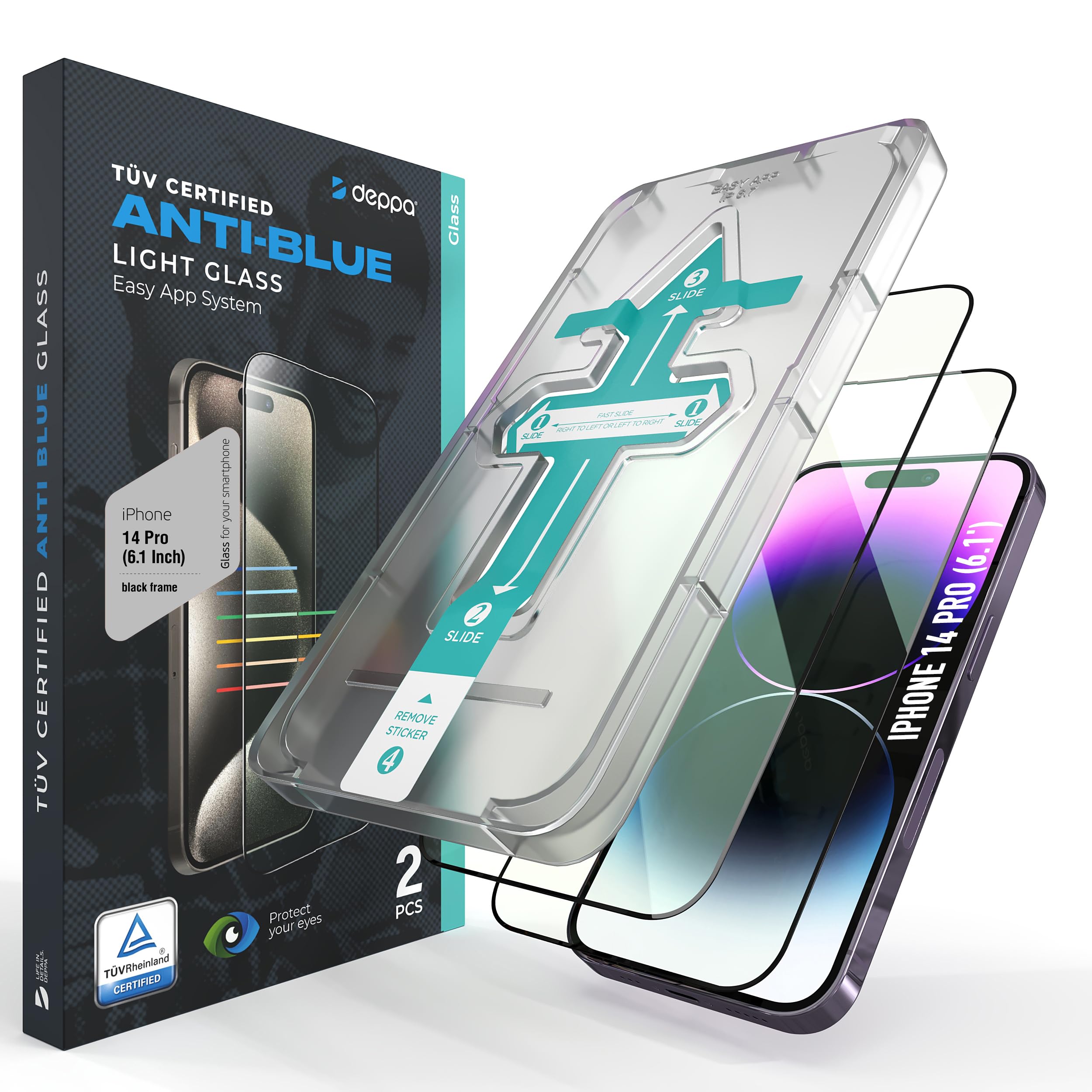 Deppa |2 Pack| Eye Safeguard Certified Anti-Blue Light Screen Protector for iPhone 14 Pro (6.1') Tempered Glass Edge to Edge Full Cover with Easy Installation Kit Tray