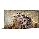 Canvbay Animal King Canvas Wall Art Lion and Lioness with Gold Crown Picture Romantic Couple Artwork Painting for Bedroom Modern Home Decoration Stretched and Framed Ready to Hang 20x40inch