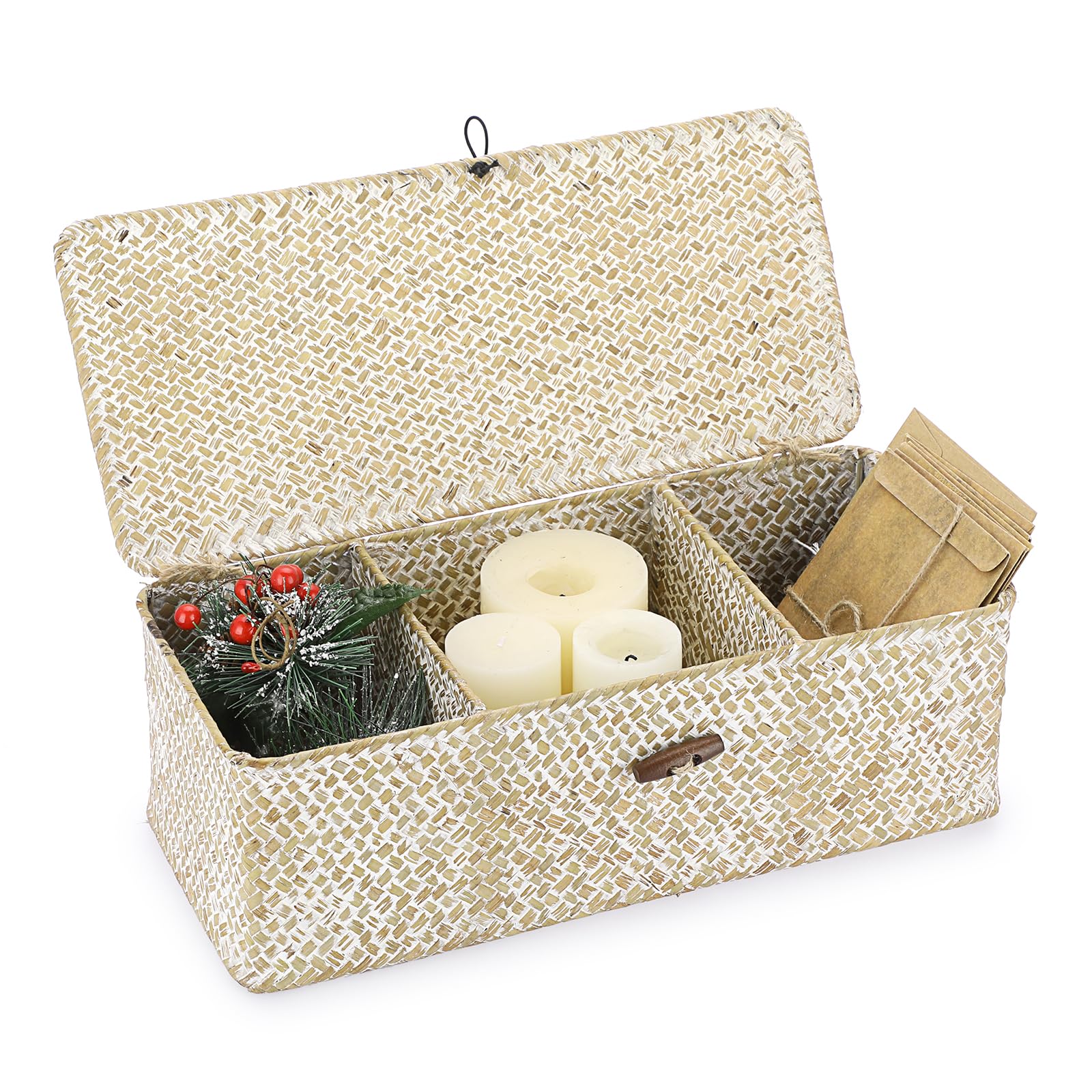 IGNPION 3 Compartments Seagrass Storage Basket with Lid for Bathroom, Toilet Tank Top Organizer Box - Rectangular Woven Desktop Decorative Container in Whitewash
