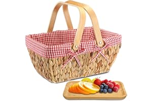 Tiangrid Wicker Picnic Basket with Bamboo Plates Picnic Supplies Set Basket with Liner and Handle Harvest Storage Basket Sturdy Woven Body with Washable Lining for Camping(Plaid,Red White)