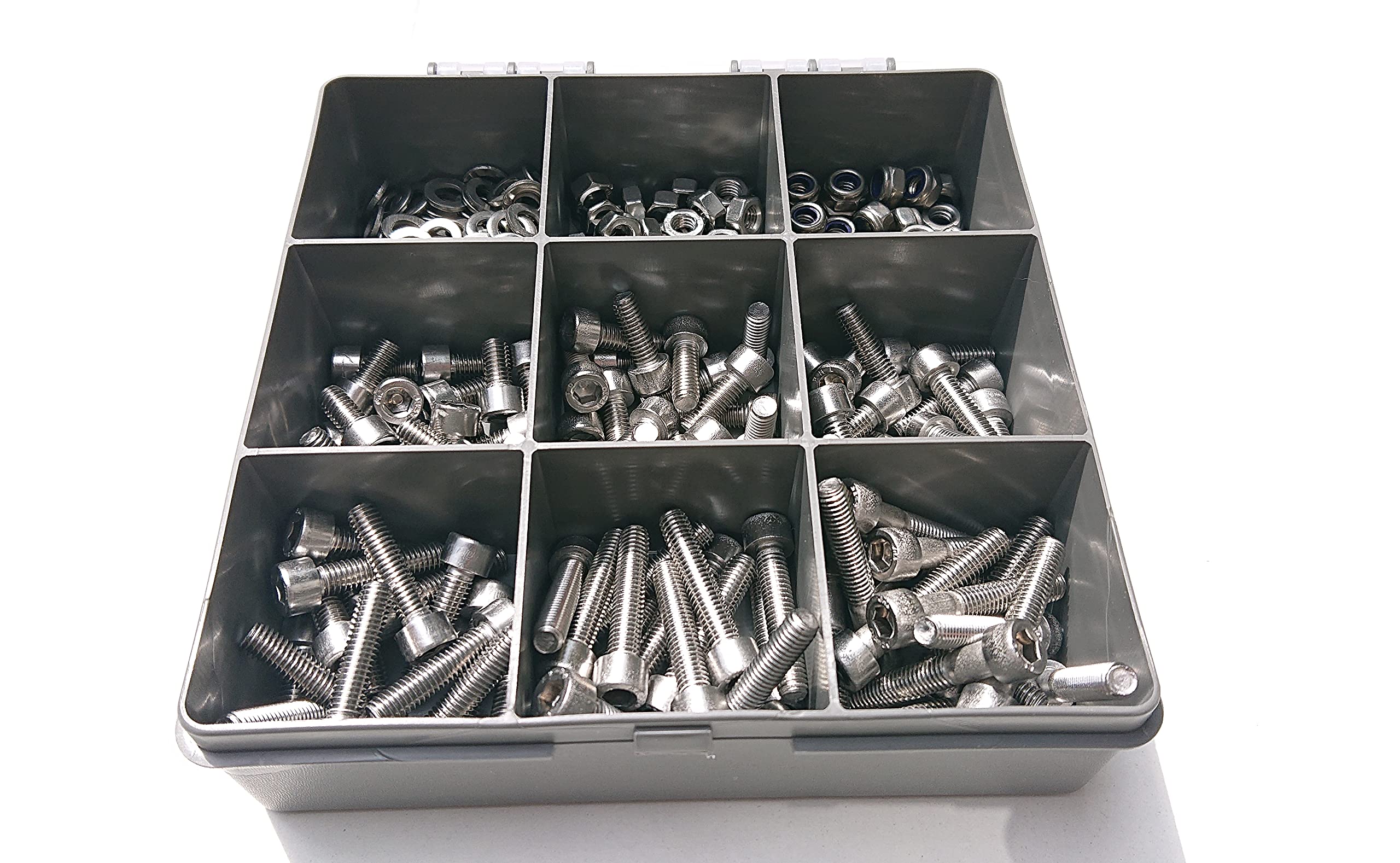 Set of 300 Assorted M6 Allen Socket Head Cap Machine Screws/Bolts, Nuts and Washers -DIN 912- A2-70 (304 Grade) Stainless Steel; Sturdy Recycled Compartment Box