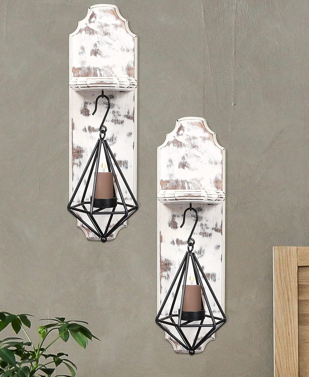 Wood Candle Holders,Wallmounted Pillar Candle Sconce,Wall Mount Rustic Candleholders,Floating Shelves,Hanging Shelf,Farmhouse Wall Décor,Large Wooden Handmade Sconces-15.5x4x5.25 White Wash Set of 2: Kitchen & Dining