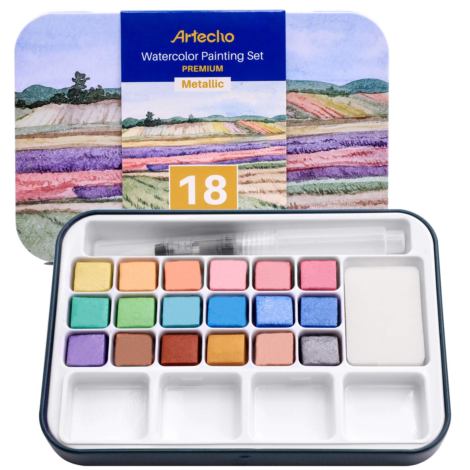 Artecho Watercolour Paint Set,18 Metallic Colors, Watertbrush Pen Included, Lightweight and Portable,Watercolour Paints for Artists and Beginners