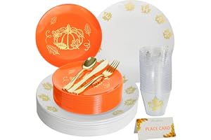 ISFANGCO ISFANCO 175PCS Plastic Thanksgiving Dinnerware Set for 25 Guests,Heavy Duty Plastic Disposable white Dinner Plates,Gold Turkey Pumpkin Dessert Plates,Gold Silverware,GiveThanks Cups