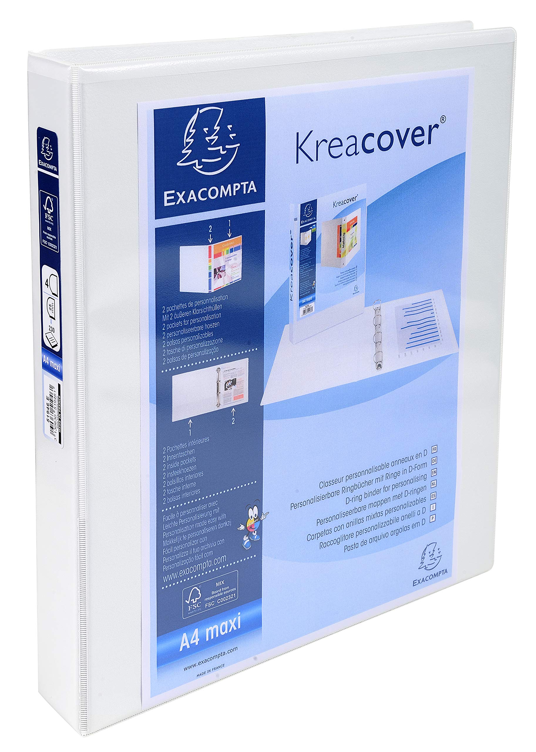 Exacompta - ref. 51946E - 1 customizable rigid opaque binder with 2 pockets - 4 D-rings of 25 mm - Spine 47 mm - External dimensions: 32 x 27.7 cm - Format to be filed A4 Maxi - Colour: white