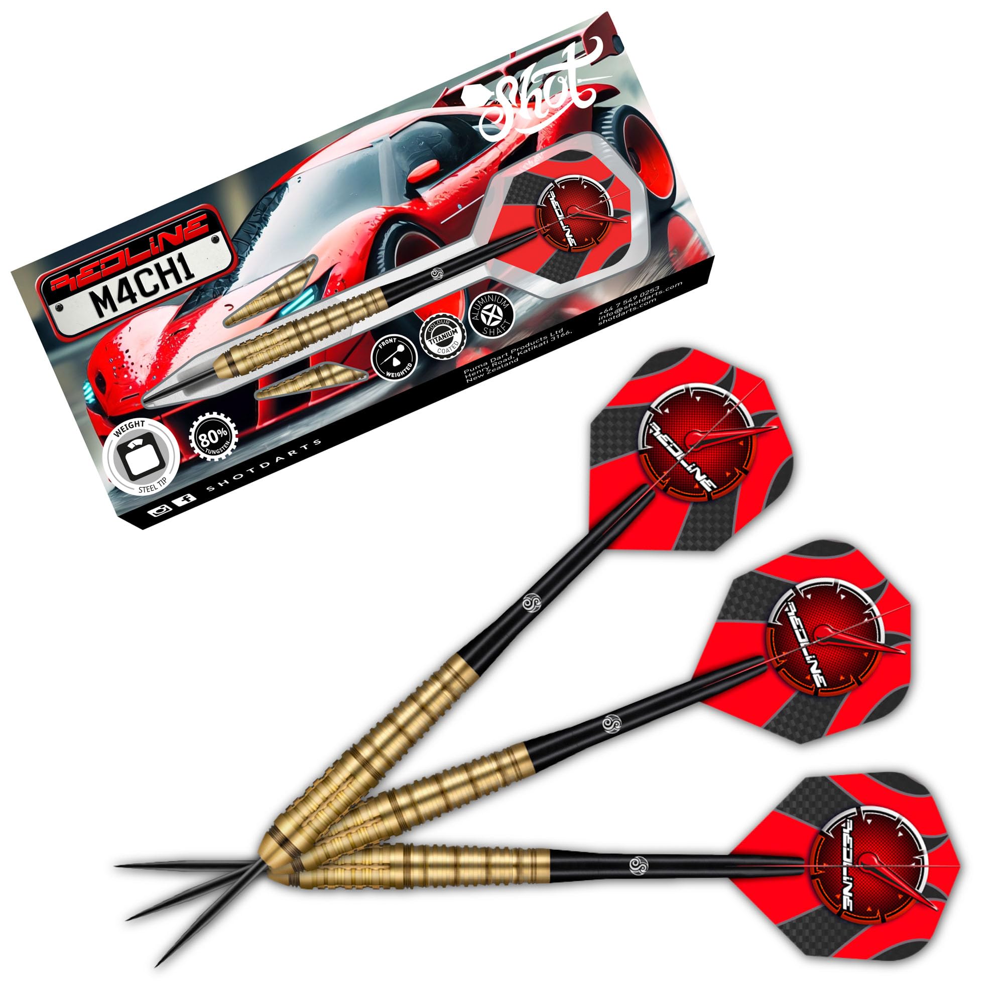Shot! - Redline M4CH1 Steel Tip Dart Set | 80% Tungsten Barrels | Front Weighted for Precision | Pyramid Grip Design | Made in New Zealand | 23g Darts