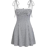 CIDER Womens Summer Gingham Dress Plaid Tie Spaghetti Strap Sleeveless Lace Trim Cute A Line Casual Mini Dresses Sundress