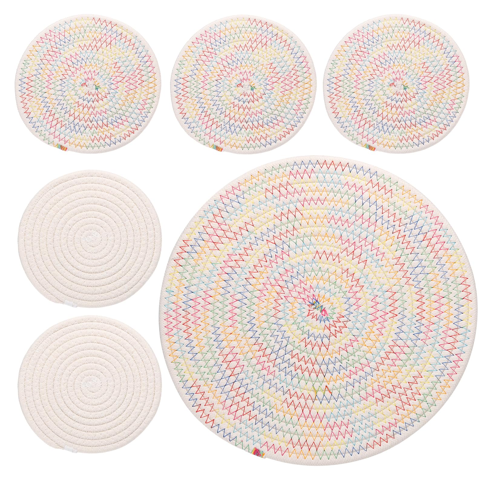 PATIKIL Plant Coasters 7 Inch 12 Inch, 6 Pcs Woven Plant Mat Round Pads Set for House Indoor Outdoor Gardening Pot Kitchen Table, White & Color, White