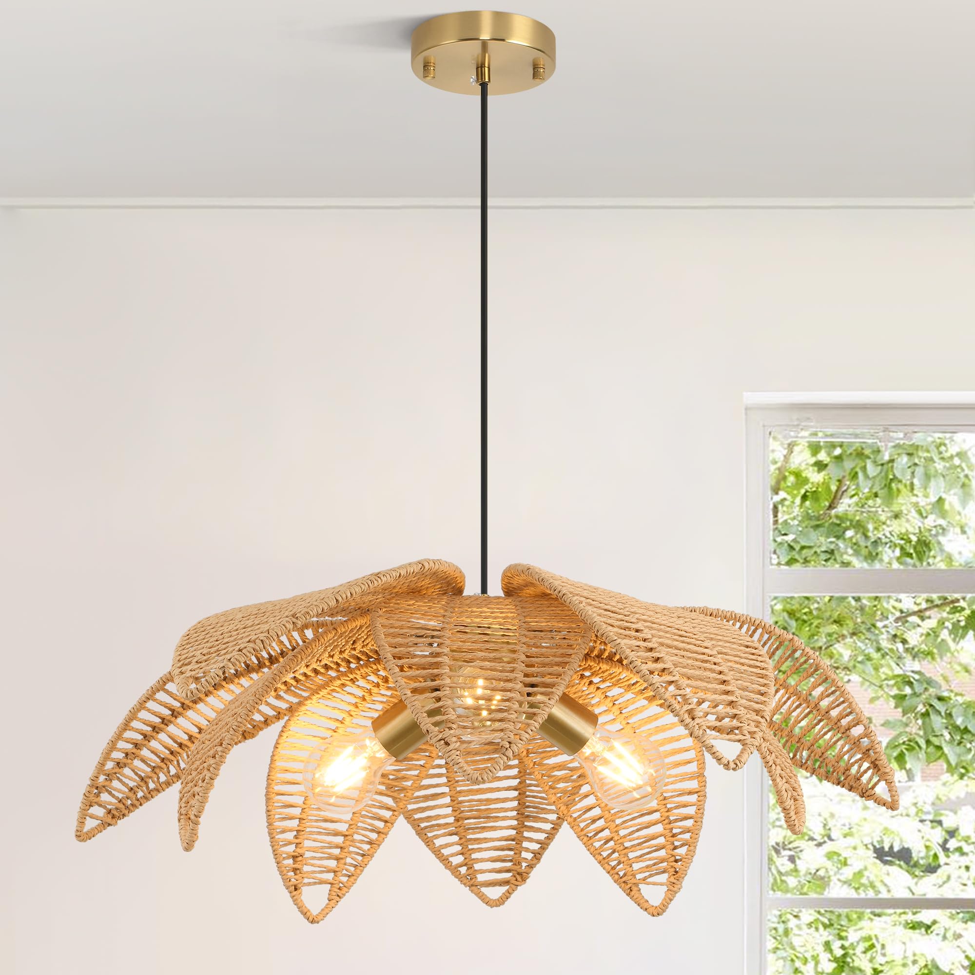 Photo 1 of 24” Floral Rattan Chandeliers for Dining Room, 3-Light Large Boho Pendant Lights Fixture, Hand Woven Wicker Ceiling Lights, Farmhouse Coastal Hanging Chandeliers for Kitchen Island Bedroom Living Room