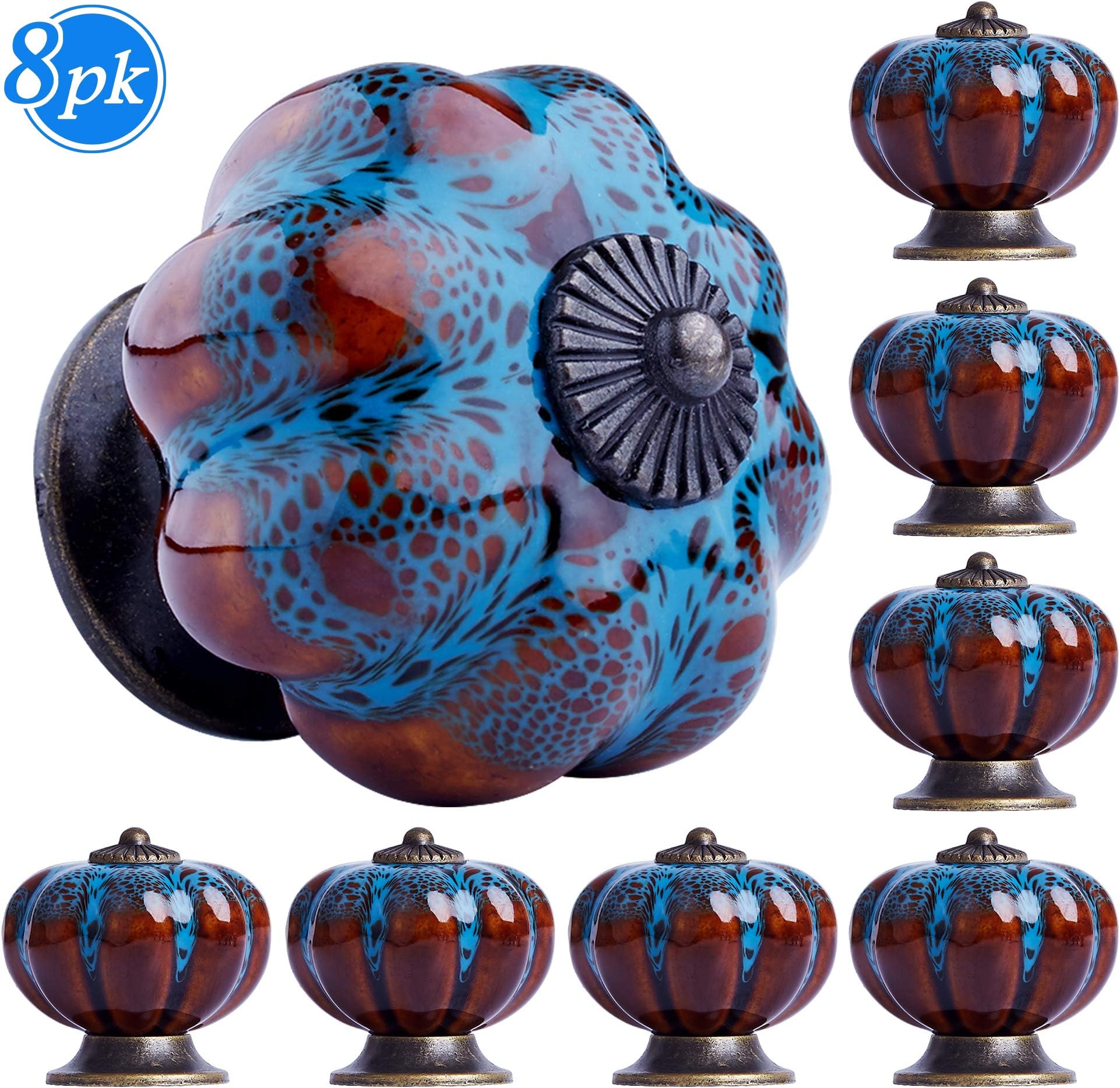 Knob for cabinet, furniture knob, drawer, made of ceramic, 8 pieces blue handles, kitchen furniture door handles, cabinet knobs, cupboard handles, knob, ceramic (blue)