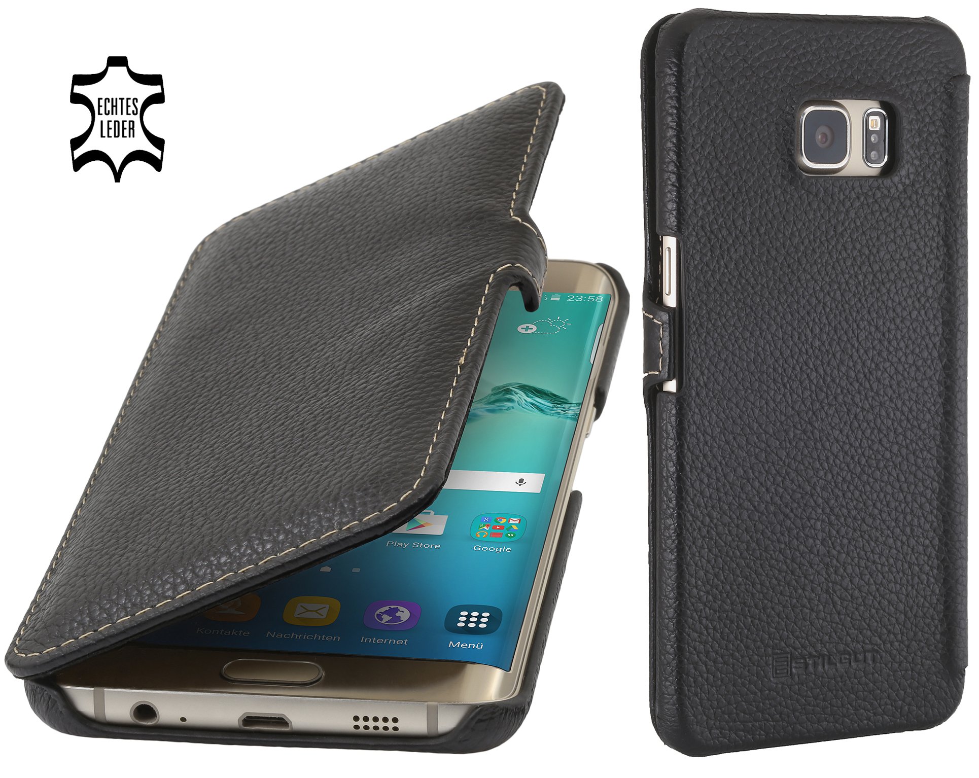 StilGut Case Compatible with Galaxy S6 edge+, Book Type Leather Flip Case, Black with Closure