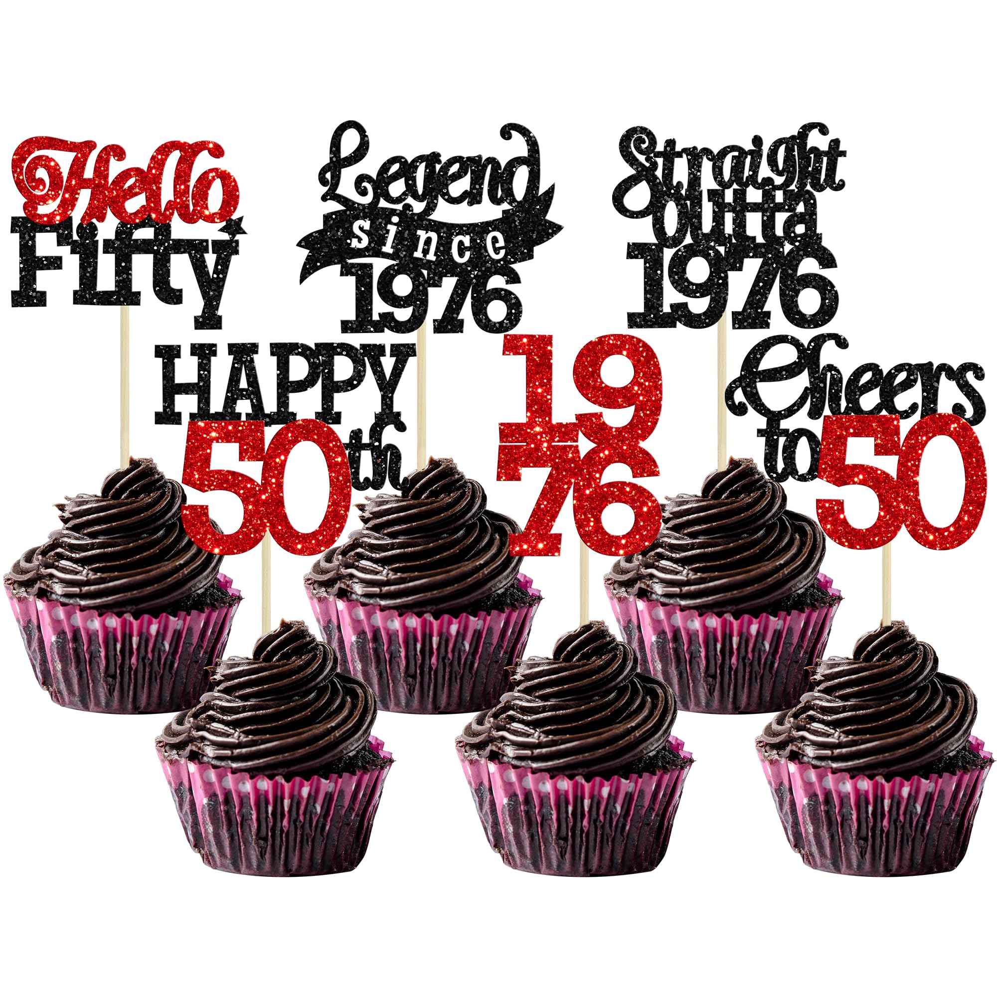 Gyufise 24Pcs Happy 50th Birthday Cupcake Toppers Hello Fifty Legend Since 1976 Cupcake Picks Cheers to 50 Years Cake Decorations for 50th Birthday Anniversary Party Supplies Black Red