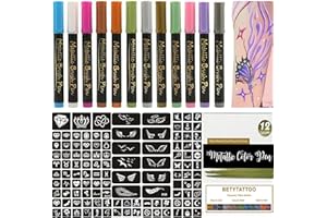 BETYTATTOO Temporary Tattoo Markers for Skin - Tattoo Pens for Body & Face Art with 111 Tattoo Stencil Papers, 12 Pens Make Bold and Fine Lines, Cosmetic Quality(BETY1)