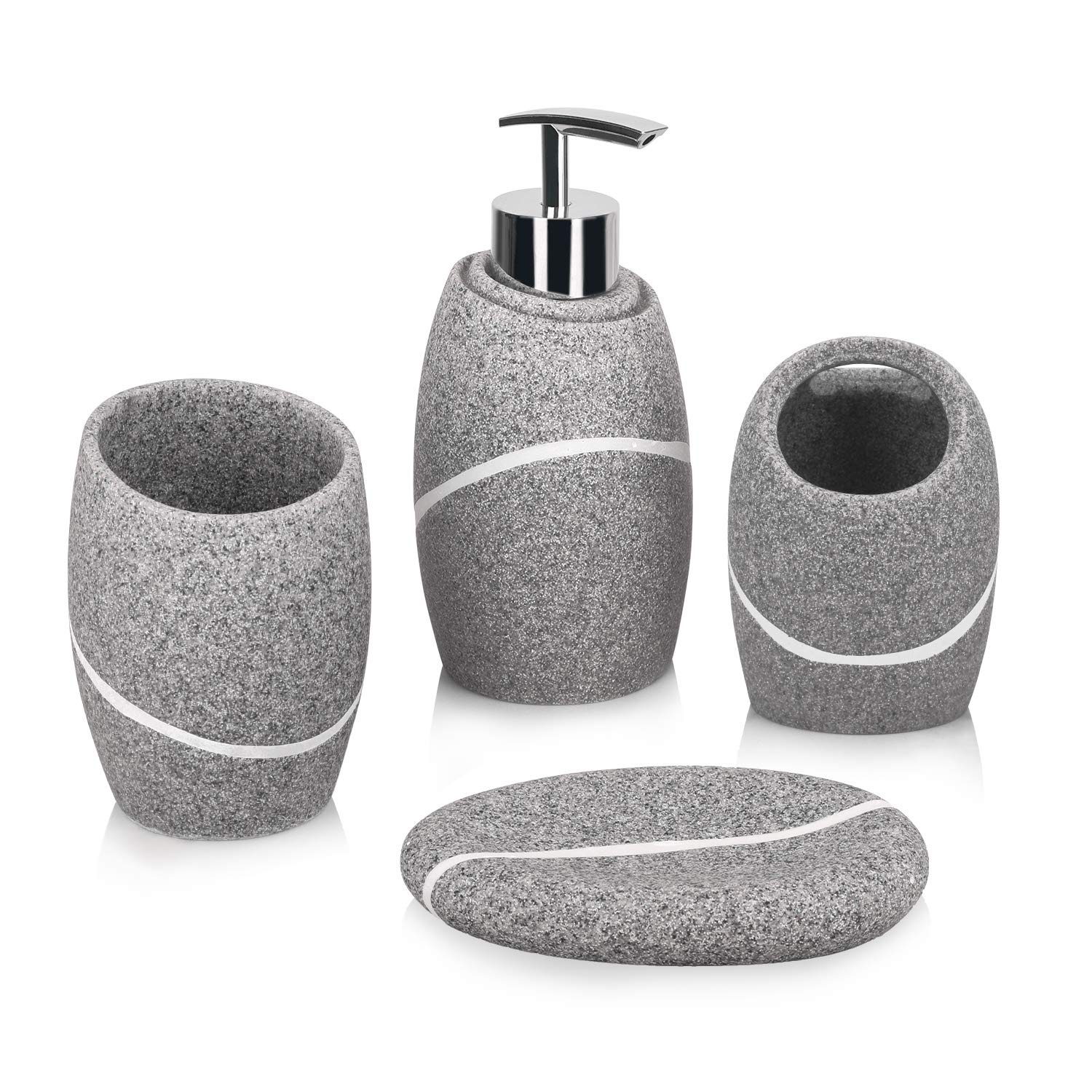 Bathroom Accessory Set,4 Pieces Bathroom Accessories Complete Set Vanity Countertop Accessory Set with Marble Look,Includes Soap Dispenser,Bathroom Toothbrush Holder,Tumbler,Soap Dish,Grey Granite