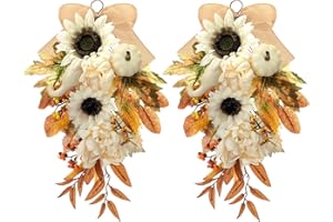 Thiccywoov 2-Pack Fall Teardrop Swags 20‘' Harvest Teardrop Decoration with Mixed Pumpkins, Sunflowers, Berries & Rustic Burlap Bows, Autumn Wreath for Front Door Home Decor(Fall)